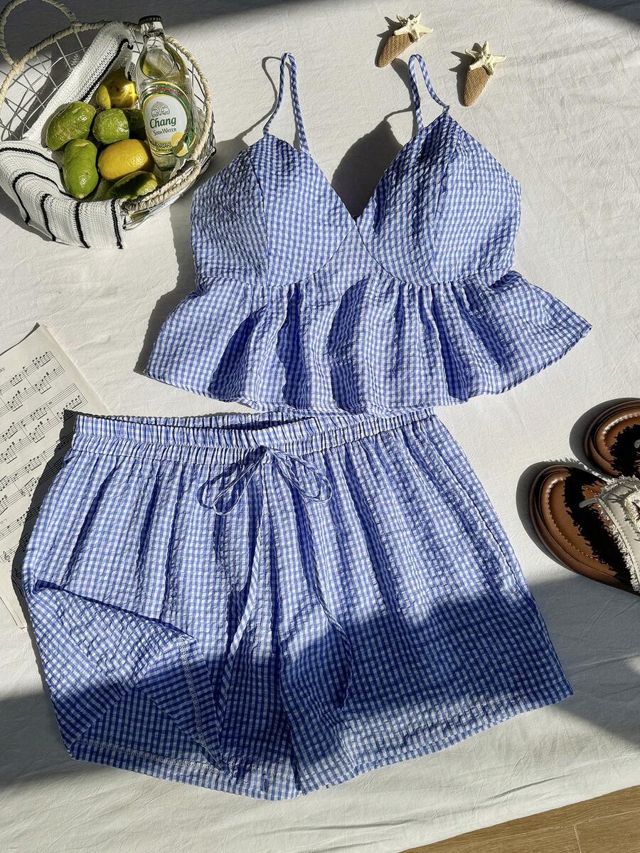 Comfortcana Plus Size Women Plaid Ruffle Hem Camisole And Shorts Casual 2 Pieces Set Two Piece Short Sets Gingham Set, Summer Outfits - Blue - View 1