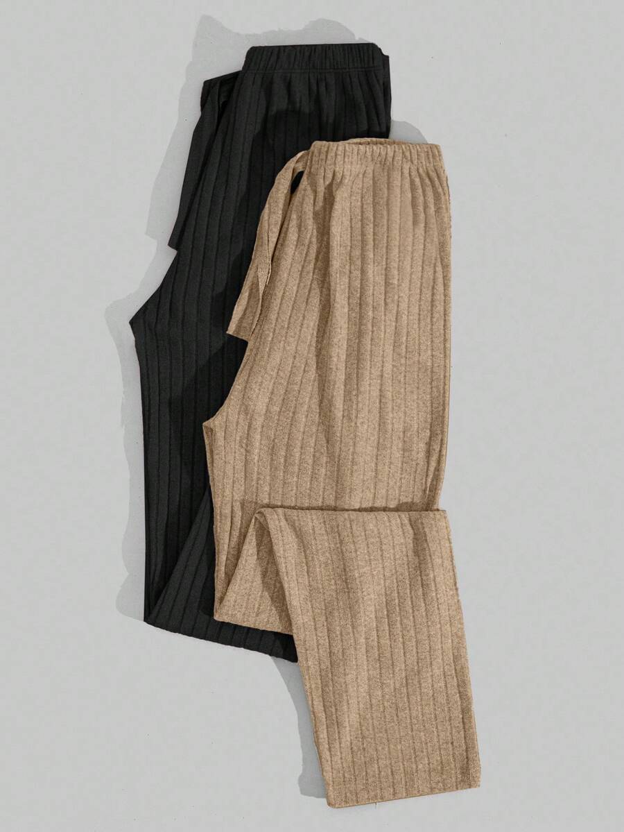 EURMUSE Bộ đồ ngủ dài tay 2 mảnh dành cho nữ, chất liệu dệt kim gân, có chi tiết dây rút giả. - Nhiều màu - Xem 1