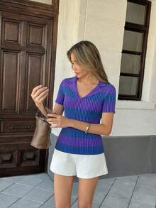 Pariaura Contrast Stripe Polo Collar Knit Top, French Street Style, Short Sleeve Summer Blouse - Violet Purple - View 5