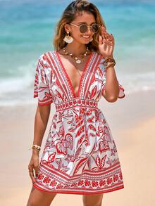 Swim Vcay Damen V-Ausschnitt tailliertes Kurzarm Kleid mit Muster, Strandüberwurf, Frühling/Sommer - Rot - Übersicht 7