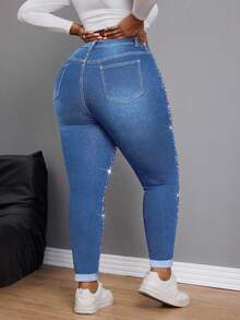 Slaydiva Plus Size Women's Fashionable Casual Colored Rhinestone Decorated Skinny Jeans - Medium Wash - View 2