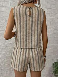 EMERY ROSE 女士休闲圆领无袖上衣和短裤套装 - 卡其色 - 查看 2