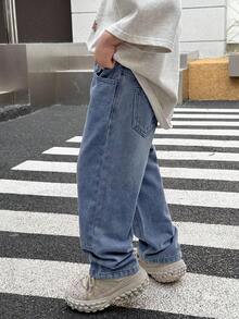 SHEIN Young Boy Casual Everyday Washed Slant Pocket Straight Leg Jeans - Medium Wash - View 4