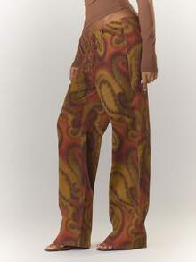 MUSERA Peacock Print Lace Up Straight Leg Printed Jeans Cool Girl Streetstyle Going Out Fall Autumn Winter - Coffee Brown - View 4