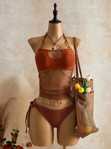 Mistrie Set Baju Renang Tankini Wanita Musim Panas untuk Liburan di Pantai, Warna Polos, Model Halter dengan Tali Jala, dan Modis. - Coklat - View 3