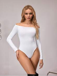 SHEIN 女士纯色露肩休闲连体裤，适合日常穿着和居家休闲。 - 白色 - 查看 3