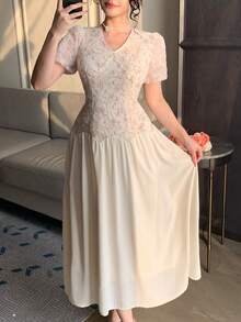 DAZY Women's Long Lace Hollow-Out Puff Sleeve V-Neck Waist Cinched Dress - Apricot - View 6