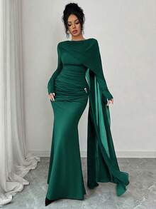 Elenzga Đầm nhung nữ dáng chữ A thanh lịch, lãng mạn, tinh tế, cổ áo choàng bất đối xứng, eo xòe, xếp ly, trang trí kim loại, thích hợp cho mùa Thu/Đông. - Màu xanh lá cây đậm - Xem 5