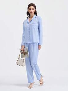 Loungeista 2pcs Women Blue & White Striped Print Pajama Set, Long Sleeve Button Collar Top And Pants, Casual Sleepwear Homewear Suit For Autumn/Winter, Fall Clothes - Blue and White - View 6
