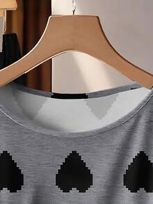 EMERY ROSE 两件套加大码女式休闲爱心印花上衣和裤子套装 - 灰色 - 查看 4