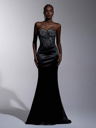 Elitara Elegant Luxurious Black Lace Patchwork Stretch Satin Strapless Lace Trim Waistline Ruffle Fishtail Hem Women's Formal Evening Gown