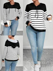 EMERY ROSE Plus Size Women Casual Hooded Striped Lightweight Sweatshirt - Black and White - View 3