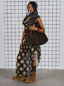 COUREZ Midi Check Gathered Mesh Dress /Y2K Spring Clothes For Women - Multicolor - View 4