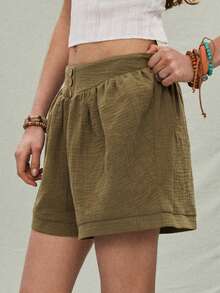 SHEIN Holidaya Chic Women's Green Woven Fabric Mini Length Track Shorts Casual Plain Style With Front Buttons - Green - View 6
