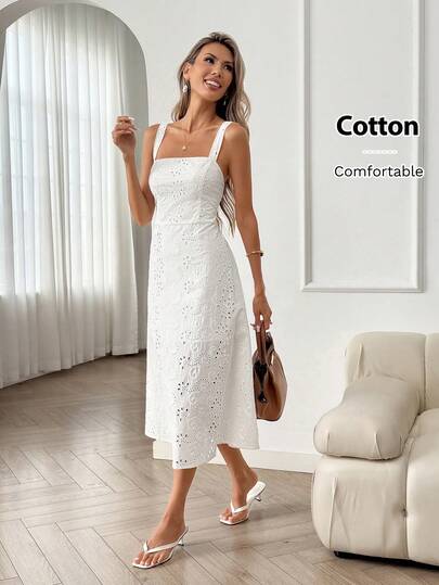 Easowa 白色刺绣无袖A字中长连衣裙，适合浪漫假期、乡村漫步、婚礼、朋友早午餐、情人节、复活节等多种场合穿着。