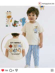 THE HAPPY LOOK 两件套男童卡通动物印花柔软针织圆领长袖套头卫衣和条纹弹力腰裤