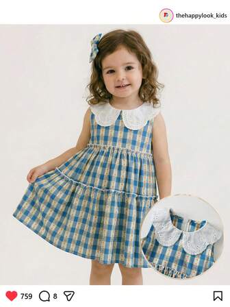 THE HAPPY LOOK Vestido sin mangas con cuello redondo y decoración de ribete a cuadros de colores para niña