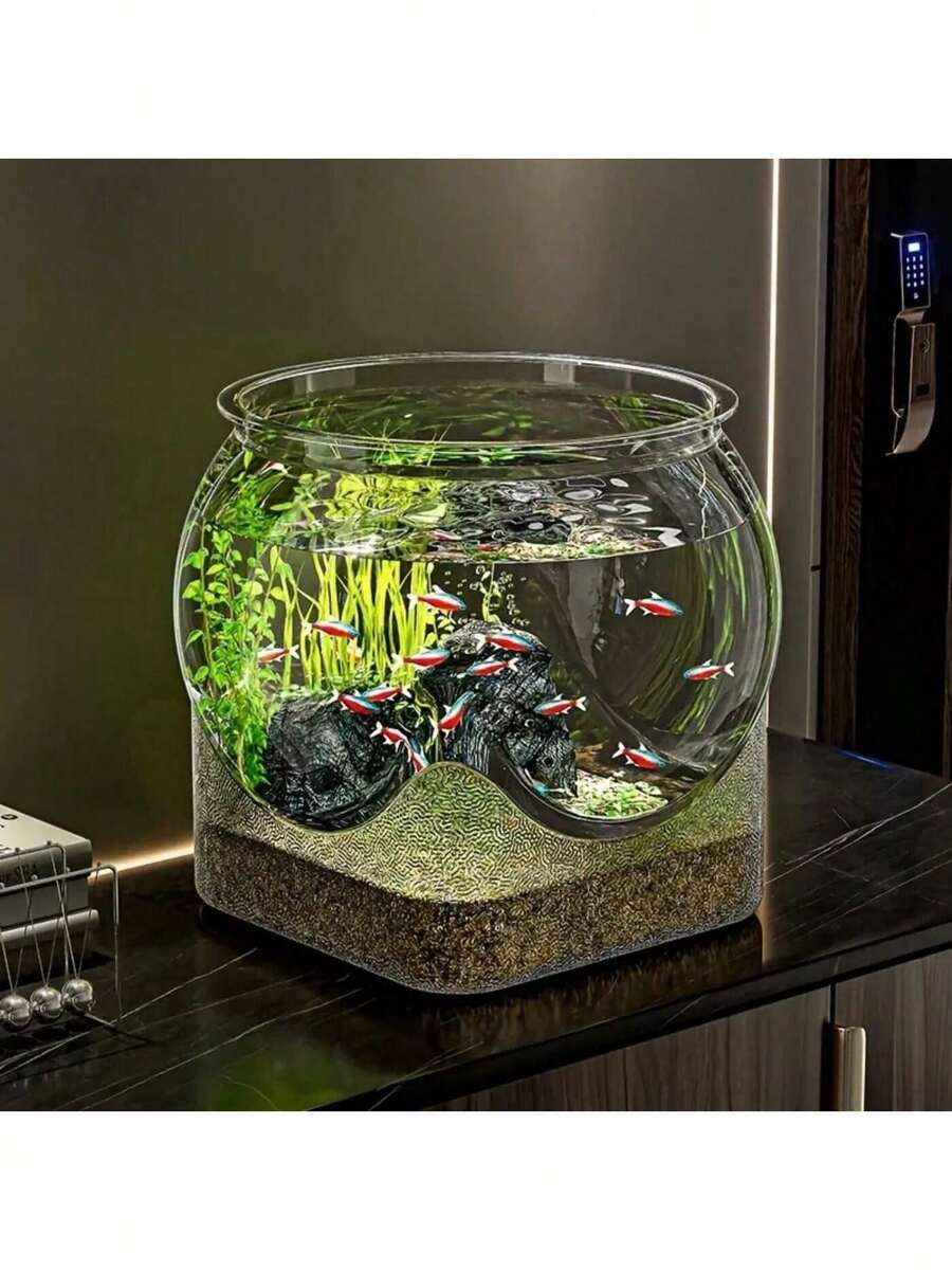 1 Piece Of Sturdy Transparent Round Fish Tank, A Desktop Aquarium Resistant To Breakage And Tipping, Suitable For Turtles And Small Fish. Natural Stone Design, Versatile Indoor/Outdoor Decorative Fish Tank - Multicolor - View 1