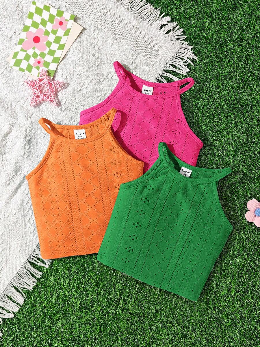 SHEIN Bộ 3 áo hai dây cho bé gái, màu trơn, họa tiết hình học, kiểu dáng thường ngày. - Nhiều màu - Xem 1