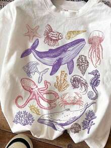 SHEIN LMoss Kids 复古度假风彩色海洋生物沙滩主题图案，少女休闲简约圆领短袖T恤，适合夏季穿着 - 彩色 - 查看 4