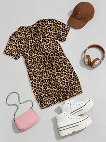 春夏秋季女童休闲时尚创意个性清新简约豹纹百合花印花舒适短袖T恤裙，温暖舒适的夏秋款式，适合春夏秋季穿着。 - 彩色 - 查看 2