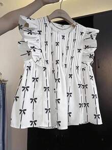 SHEIN Frenchy 女士休闲蝴蝶印花荷叶边衬衫，夏季 - 白色 - 查看 1