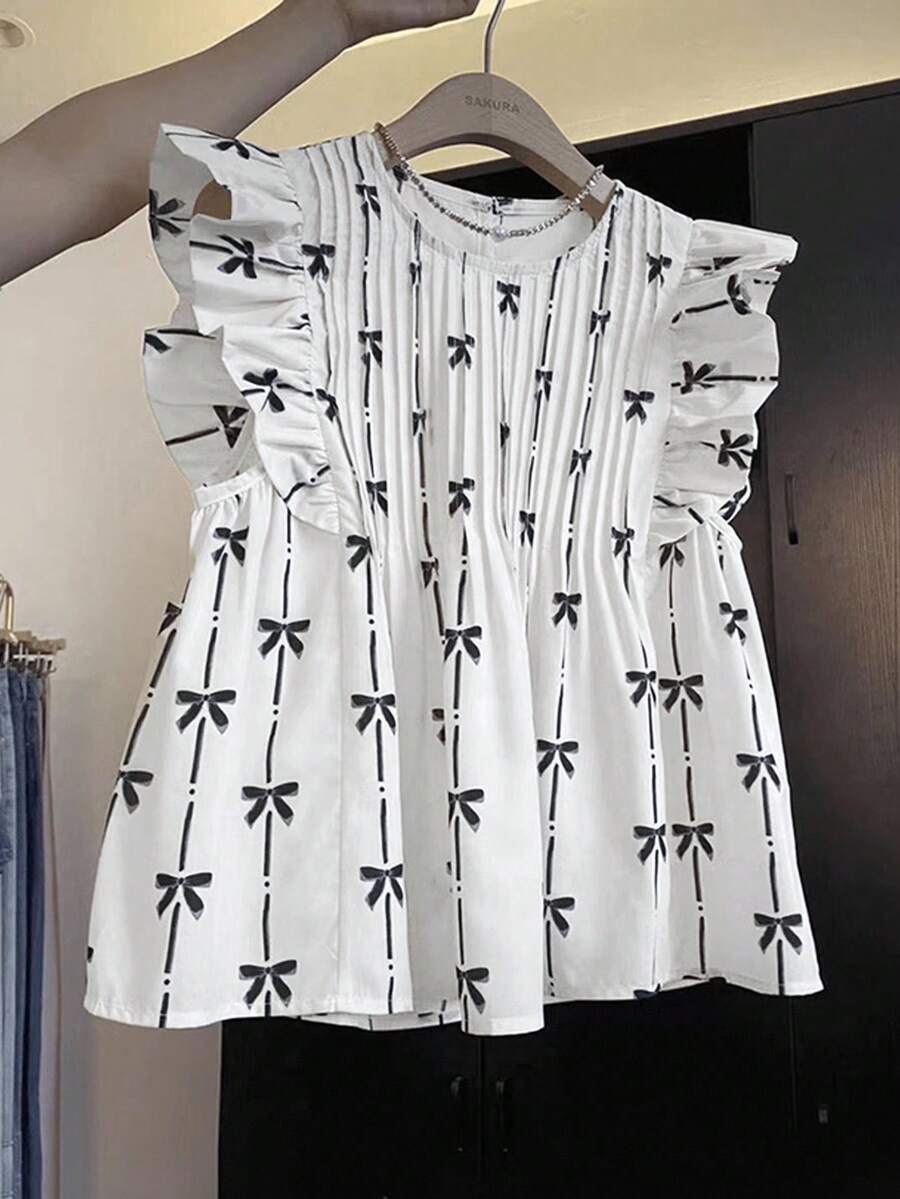 SHEIN Frenchy 女士休闲蝴蝶印花荷叶边衬衫，夏季 - 白色 - 查看 1