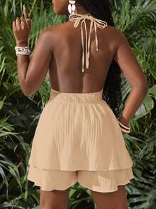 Slaydiva 新款春夏休闲度假双肩带露背吊带连体裤，露背设计，多层下摆，宽松阔腿短裤，白色海浪条纹编织面料女式连体裤-A - 卡其色 - 查看 2