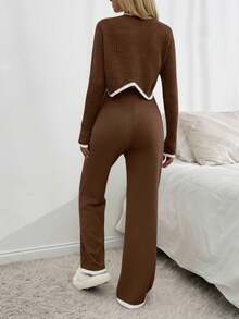 Women Rib Knit Asymmetrical Hem Sweater & Sweater Pants Set - Brown - View 3