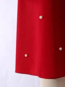 女童优雅简约时尚淑女风高领常规肩长袖宽松短款连衣裙，饰有3D蝴蝶结和珍珠，节日红色短袖连衣裙 - 酒紅色 - 查看 6