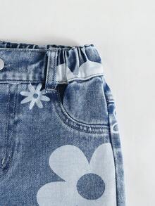 Genkimix Kids 女童休闲牛仔裤，春秋/秋冬款，浅蓝色牛仔布，花卉印花，做旧破洞设计，宽松直筒裤型，面料柔软舒适，适合上学、通勤、日常穿着。 - 淺色水洗藍 - 查看 5