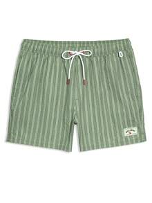 Manfinity Swimmode Men's Striped Casual Elastic Waist Drawstring Beach Shorts, Summer - Army Green - View 5