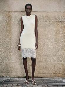 Lumivelle Sleeveless Round Neck Loose Lace Patchwork Sweater Dress Creme Dress Lace-Trimmed Hem - Beige - View 5