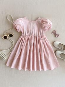 PrepCrw 1件装少女优雅精致金色圆点提花白色圆领网纱袖连衣裙，适合外出、聚会、节日、派对、春季、夏季、情人节、婚礼等场合。 - 白色 - 查看 4