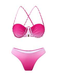 Swim SXY Conjunto de 3 piezas de traje de baño de mujer para verano con falda de malla, cuerda trenzada y estampado degradado para vacaciones y ocio - Rosa Fucsia - Ver 4