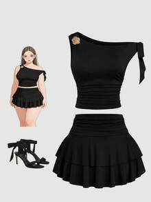 Sweetra Bộ váy hai mảnh tối giản không tay xếp ly eo kim loại màu nâu - màu đen - Xem 1