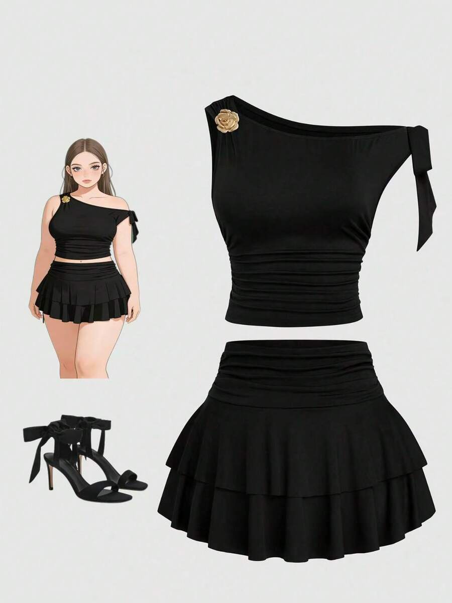 Sweetra Bộ váy hai mảnh tối giản không tay xếp ly eo kim loại màu nâu - màu đen - Xem 1