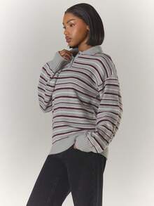 MUSERA 宽松针织条纹翻领纽扣长袖 Polo 衫，春季可爱休闲 Y2K 90 年代条纹周日最佳超大毛衣，机场返校冬季日常晚宴派对优雅春季款 - 灰色 - 查看 3