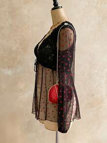 SHEIN LUNE Plus Size Sheer Long Sleeve Black Shirt With Red Heart  Day - Black - View 3