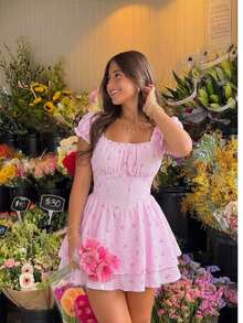 SHEIN MOD Váy liền quần cỡ lớn màu trắng trơn, viền bèo nhún, phần ngực xếp ly, gấu váy xếp tầng, tay ngắn, gấu váy đôi, váy dự tiệc dã ngoại, váy thắt nơ, váy dự tiệc trà, váy kẻ sọc hồng, váy nữ. - Màu Hồng baby - Xem 8