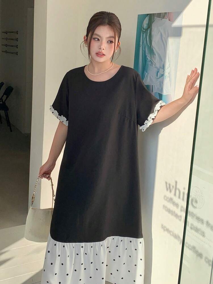 Dazy Plus Plus Size Women Fashion Casual Polka Dot Print Patchwork Dress Sun Dresses For Women