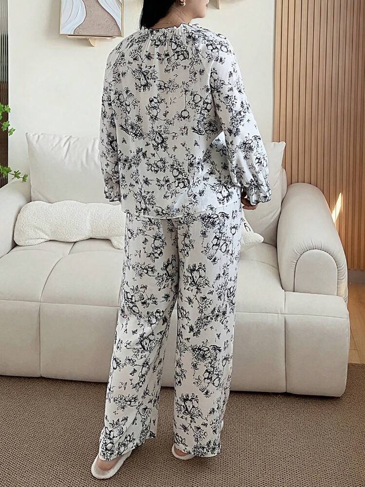 Dazy Plus 2pcs Floral Print Loose Long Sleeve Top And Long Pants Pajama Set, Spring/Autumn
