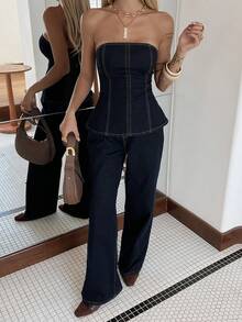 Livesso Women's Casual Loose Denim Tube Top And Wide Leg Pants Set, Vacation Style, Spring/Summer - Blue - View 4