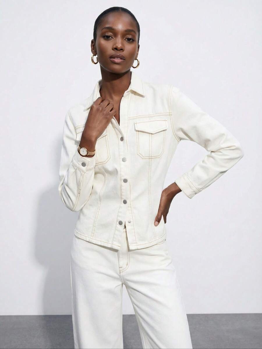 Maija 女士时尚休闲单排扣长袖牛仔衬衫 - 杏色 - 查看 1