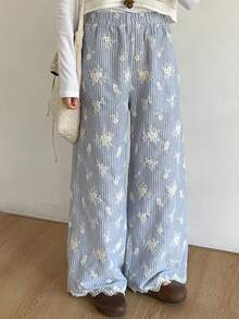 FRIFUL 女士条纹弹力腰棉质刺绣裤脚不规则直筒宽松休闲裤 - 藍色 - 查看 5