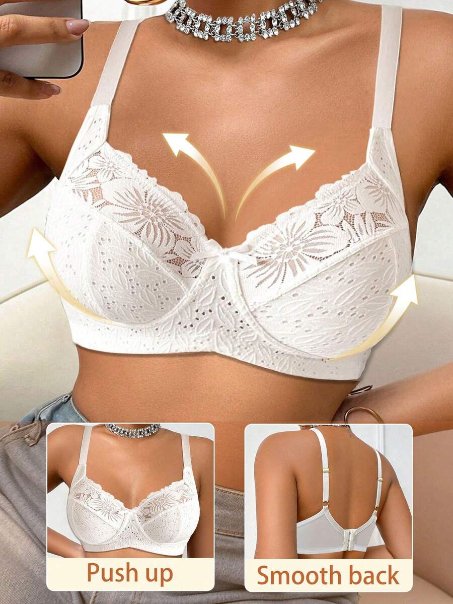 DesireSculpt 1pc Women's Lace Patchwork Wireless Bra - White - View 1
