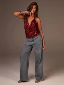 Athîral Top de fiesta con escote pronunciado, cuello de halter, espalda descubierta y parches de lentejuelas, versátil y de moda para citas - Burdeos - Ver 5