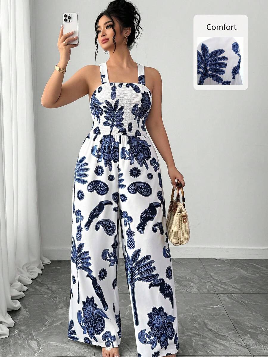 Elenzga Bộ jumpsuit không tay in hoa dành cho nữ cỡ lớn, kiểu dáng thanh lịch, thích hợp cho kỳ nghỉ xuân hè.