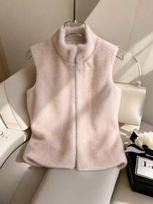 Franclia 女士休闲日常通勤高领无袖宽松仿皮草外套，秋冬款 - 杏色 - 查看 1