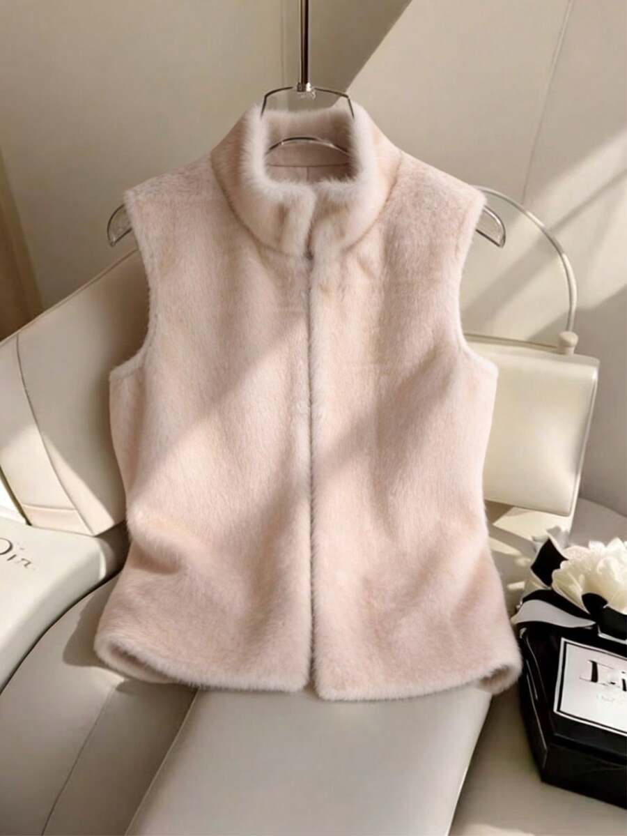 Franclia 女士休闲日常通勤高领无袖宽松仿皮草外套，秋冬款 - 杏色 - 查看 1